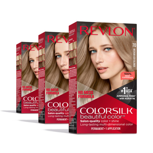 Revlon Colorsilk Beautiful Color Permanent Hair Color, (OLD VERSION) 70 Medium Ash Blonde (Pack of 3)