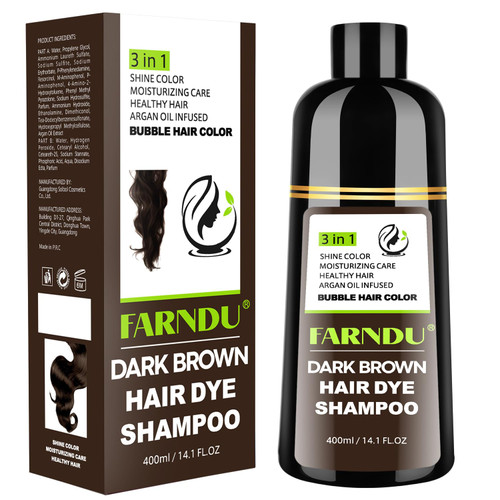Farndu Dark Brown Hair Dye Shampoo for Women Men, 3 in 1 Hair Color Shampoo Dye for Grey Hair Coverage Champu Para Canas Mujer