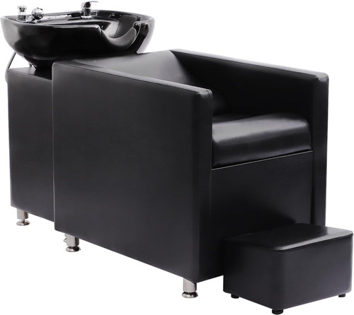 Shampoo Stations for Salon, Backwash Chair with Ceramic Bowl, Backwash Shampoo Unit with Foot Pedal, Sink Chair Station, Hair Washing Station for Barbershop (Black)