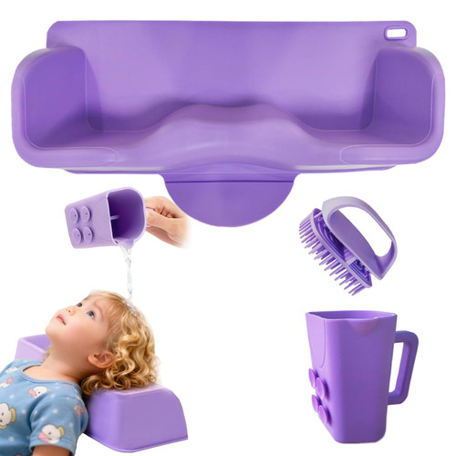Silicone Portable Hair Washing Station for Kids,Toddlers and Elderly,Shampoo Basin/Bathtub Shampoo Basins, Attached Shampoo Brush and Bath Rinse Cup,Neck Support Shampoo Bowl for Sink at Home (Purple)