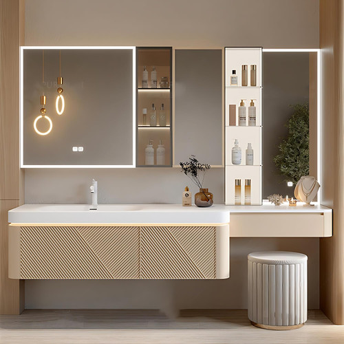 ZGNBSD Floating Bathroom Vanity with Sink - Luxury Bathroom Vanity | LED Smart Defogging Medicine Cabinet Included | Multi-Layer Solid Woody | Add Makeup Area (76 in)