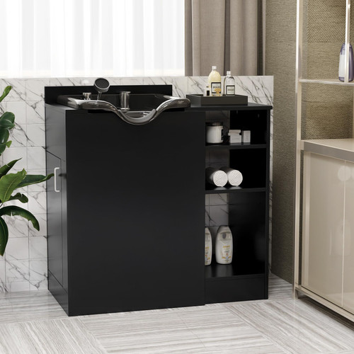 OmySalon Salon Station, Shampoo Bowl with Cabinet, Freestanding Backwash Sink with Adjustable Shelf, UPC Certified Faucet, for Spa Beauty, Barber, Home, Black