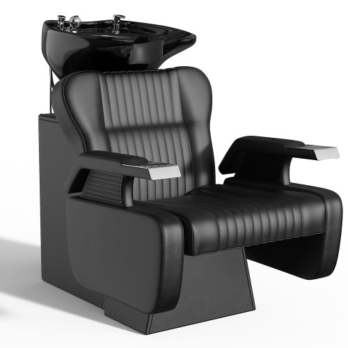 KIGOTY Salon Shampoo Backwash Chair, Shampoo Bowl and Chair Set, Hair Washing Station with Large Adjustable Ceramic Bowl, Shampoo Bowl Sink Chair for Salon (Black)