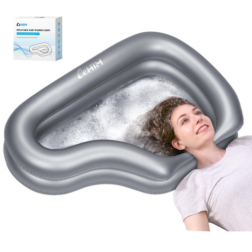 Portable Inflatable Shampoo Basin for Bedridden Elderly, Hair Washing Bowl with Drain Hose & Neck Support, PVC Inflatable Shampoo Bowl for Bedridden Patients, Disabled, Seniors, Kids, Home Care