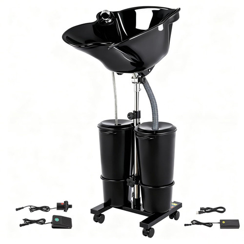 Portable Shampoo Bowl, Hair Washing Station with Electric Pump,Shampoo Sink with 2 Buckets, Height and Angle Adjustable Portable Wash Bowl for Home & Barber Use, Black