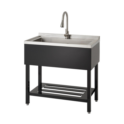 TRINITY Stainless Steel Utility Sink with Pull-Out Faucet, 36"x20"x49.2”, NSF Certified, Freestanding Single Bowl Commercial-Grade for Garage, Laundry, Food Truck, Black