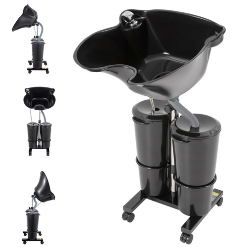 Electric Portable Shampoo Bowl Shampoo Table Hairdresser's Shampoo Basin Home Sink Shampoo Tray With Adjustable Height and Downspout; Sprinkler with On/Off Switch (Black with 2 Buckets)