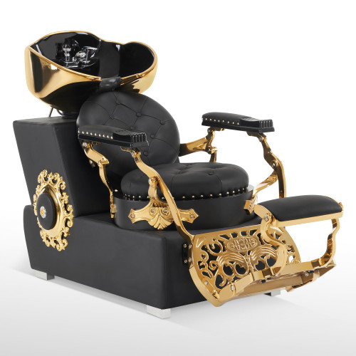 BarberPub Backwash Shampoo Station Chair, Retro Adjustable Porcelain Ceramic Hair Wash Bowl Unit Station, Shampoo Barber Chair with Vacuum Breaker for Spa Beauty Salon 8610 (Black&Gold)