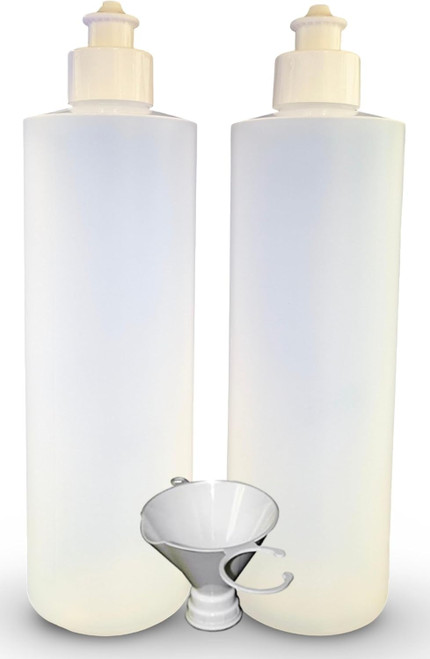 2 Pack Refillable 16 Ounce HDPE Squeeze Bottles With Push/Pull Button Top Dispenser Caps-Great For Lotions, Shampoos, Conditioners and Massage Oils-Includes our patented thread-on funnel