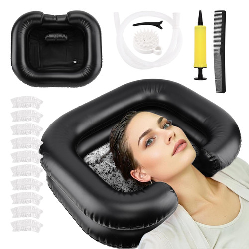 Inflatable Shampoo Basin, Portable Wash Hair in Bed with Inflatable Shampoo Bowl Include Massage Comb1*Pump 20*Ear Muffs for Bedridden Disabled Injured Elderly(Color:Black)