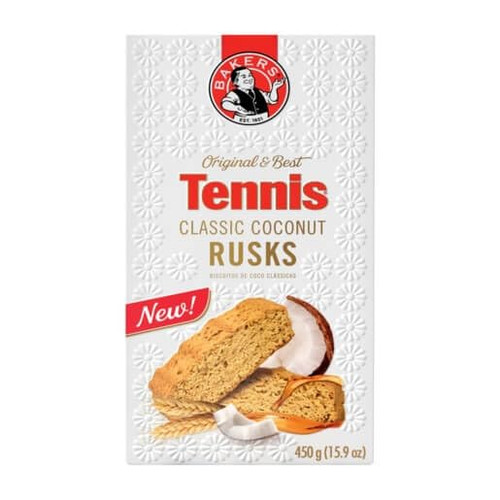 Bakers Tennis Coconut Rusks, 450g, South African Breakfast Biscuits, Oven Baked Crunchy Slices, Coconut Flavor, For Tea Coffee Snacking, Pantry Staple