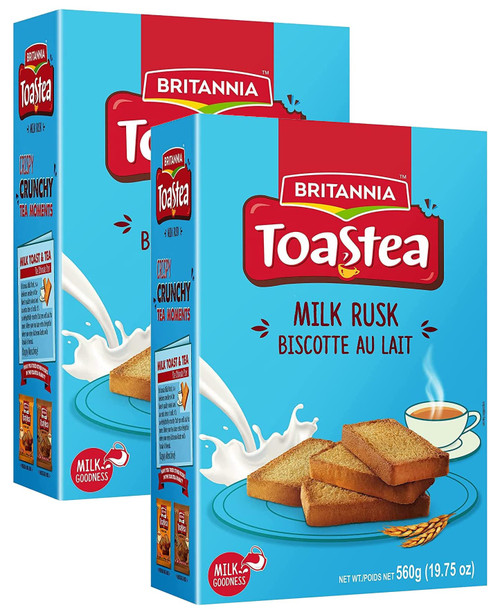 Britannia Toastea Milk Rusk 19.75oz (560g) - Biscotte Au Lait Crispy, Crunchy Tea Moments Breakfast & Time Snacks Halal and Suitable for Vegetarians (Pack of 2)