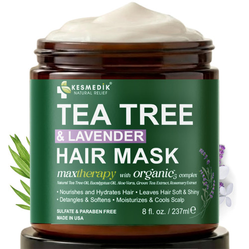 KESMEDIK Tea Tree Oil & Lavender Hair Mask with Biotin & Argan Oil, Deep Conditioning Treatment for Dry, Damaged & Coarse Hair, Hydrates & Soothes Scalp, Men & Women, Sulfate Free