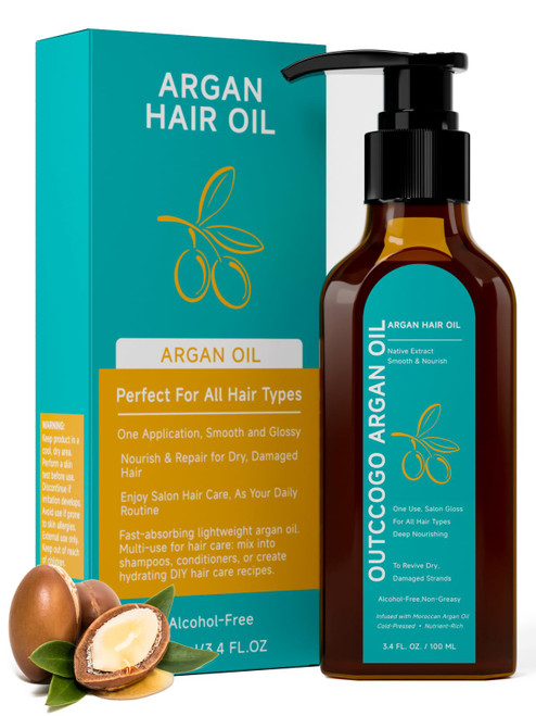 Outccogo Moroccan Argan Oil, Hair Oil for Frizzy Hair, Nourishing Smoothing for Frizz Control, Curly Long Dry Damaged Hair Treatment & Heat Protectant, 3.4 Fl Oz