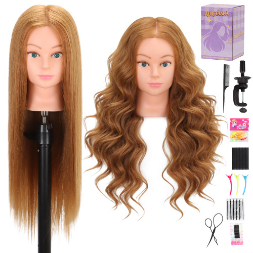 Mannequin Head with 80% Real Hair for Cosmetology, 26-28" Light Brown Hairdresser Training Head with Clamp Holder and Tool (Blonde)