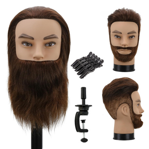 Male Mannequin Head,Training Head with 100% Human Hair 12inch Barber Mannequin Head Male Mannequin Head With Beard for Hair Styling, Practicing Cut Styling（Dark Brown）