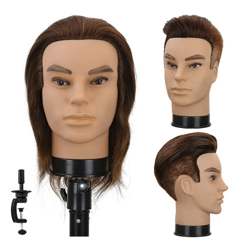 12" Barber Mannequin Head Male 100% Real Hair Mannequin Head with Human Hair Styling Practice Doll Head for Practicing Haircut & Hairdresser Manikin Doll Head With Free Clamp Stand(Without beard4#)