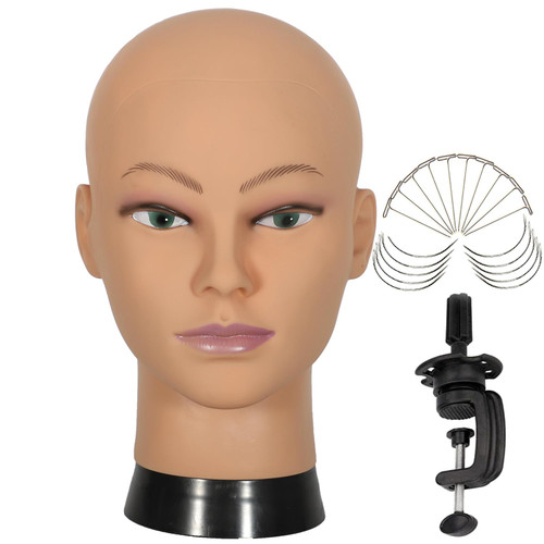 simnient Bald Mannequin Head Stand Professional Cosmetology Wig Training Head for Wig Making and Display Hat Glasses Scarf Jewelry Model Head with Free Clamp