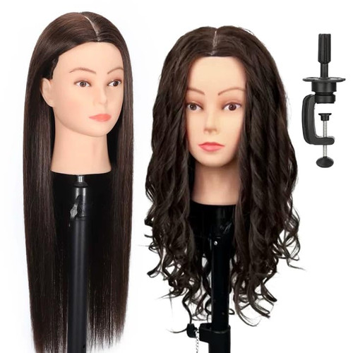 22" MQHIHI Mannequin Head Human Hair Cosmetology Manikin Doll Head with 80% Real Hair for Hairdresser Practice Cutting Braiding Hair Styling with Clamp Holder and Tools (Dark Brown)