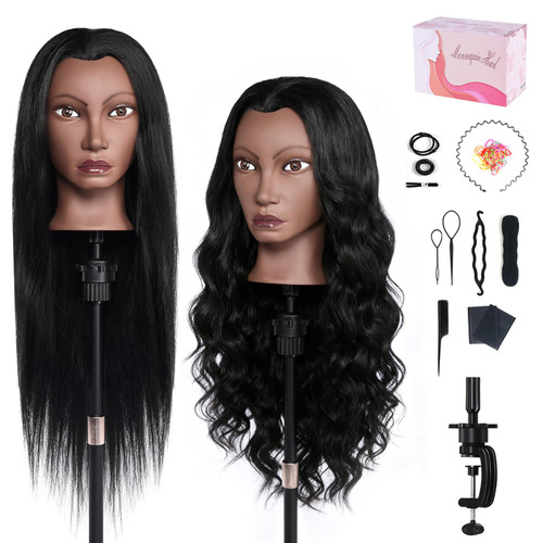Mannequin Head Human Hair, 26" Cosmetology Mannequin Head with 80% Human Hair, Doll Head for Hair Styling with Clamp Holder and Tools (Black)