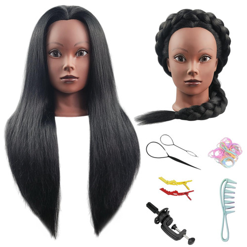 Czrleaty Yaki Hair Mannequin Head for Braiding, Black Mannequin Head with Hair - 21" Training Doll Head for Kids Hair Styling or Braiding Practice