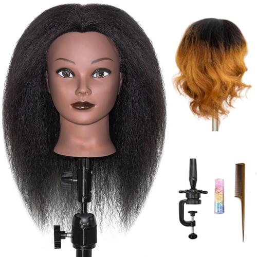 LUNGCYX Mannequin Head Human Hair, Cosmetology Manikin With 100% Real Human Hair Doll Head for Hairdresser Training Practice Braiding Hair Styling (BLACK-508)