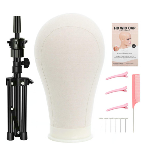 FUTAI 22 inches Canvas Mannequin Head with Tripod Stand Wig Cap T Pins Rat Tail Comb and Hairpins for Wig Making Practice Styling Training Display