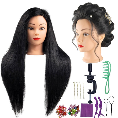 Cosmetology Pratice Long Real Hair Mannequin Head for Hairstyling,Braiding,Hair Cutting Black 28inch Straight Hair Hairdresser Training Female Mannequin Head