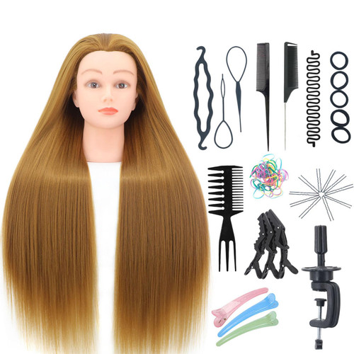 MEICARSON 26"-28" Mannequin Head Hair Styling Training Head Manikin Cosmetology Doll Head Synthetic Fiber Hair and Free Clamp Holder Stand Hair Styling Set for Hair Extensions （ golden/yellow）