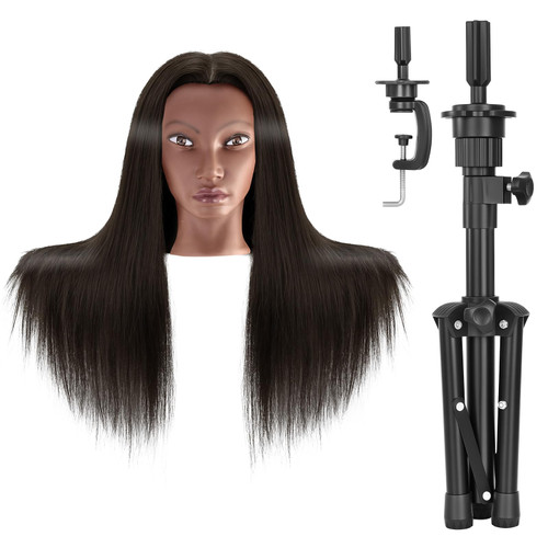 Yekavo 20" Mannequin Head Human Hair with Tripod Stand, 90% Real Hair Cosmetology Black Manikin Doll Head for Hairdresser Practice Braiding with Stand Set