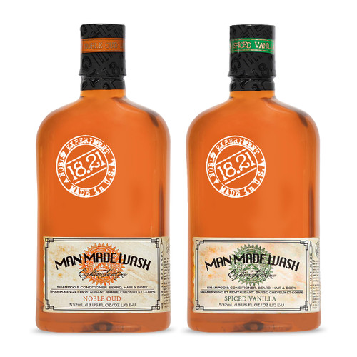 18.21 Man Made Noble Oud Wash & Spiced Vanilla 3-in-1, 18 oz Wash 2-Set Bundle, All Hair & Skin Types for Men, Strengthens and Moisturizes in a Manly Aroma