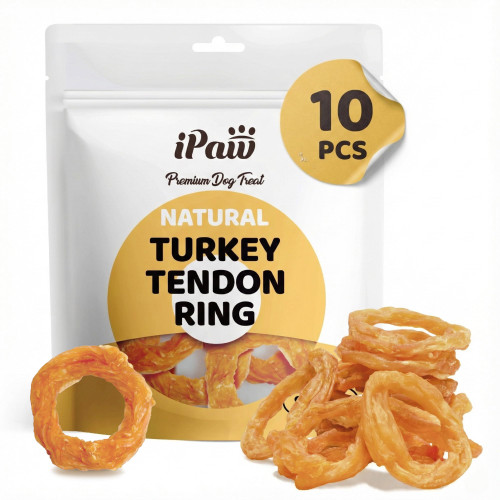 iPaw 10 Pcs Value Pack Turkey Tendons for Dogs, Single Protein, Hypoallergenic, All Natural Human Grade Puppy Chew, Rawhide Alternative Dog Treats, Ring (Small)
