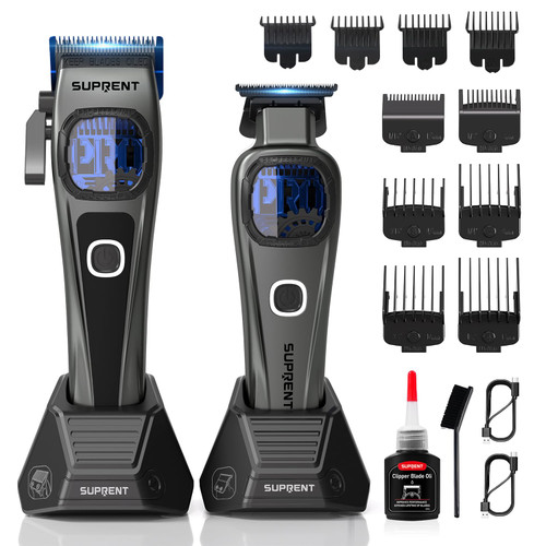 SUPRENT Professional Hair Clippers for Men - Cordless Barber Clippers & Zero-gapped Trimmer Set, Haircutting Kit with up to 10000 RPM Motor Speed, Blue Titanium-Coated Blades, Charging Stands