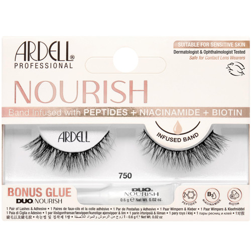 Ardell Nourish Lashes 750 – Subtle Cat Eye False Eyelashes with Peptides & Biotin Infused Band, Lash Glue Included, Natural Strip Lashes for Sensitive Eyes