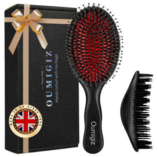 OUMIGIZ Boar Bristle Hair Brush Since 1965 British Craftsmanship, Handmade Natural Wood Slick Back Hairbrush, Soft Bristles Gentle Detangling Smoothing Women Men Kids Long Curly Thick,Thin, Fine Hair