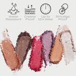 Banner displaying loose mineral eyeshadow swatches with icons highlighting water resistance, crease resistance, smudge resistance, and extended wear.