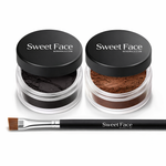 Two open Sweet Face Minerals mineral eyeliners—Confusion deep black and Curious rich brown—presented in clear cosmetic jars with matte black lids, accompanied by a precision angled eyeliner brush. Displayed on a clean white background to highlight pigment depth and texture.