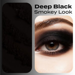 Close-up comparison featuring rich black mineral Confusion eyeliner powder on the left and a dramatic deep black smokey eye look on the right, showcasing intense matte pigmentation and smooth blending.