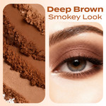 Split image showing crushed Curious deep brown mineral eyeshadow powder texture alongside a warm brown smokey eye look, emphasizing smooth matte coverage and natural depth.