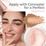 Smiling woman wearing Sweet Face Minerals Sweet Cheeks blush with natural rosy finish, loose mineral powder and brush shown