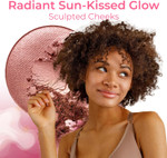 Smiling model with radiant sun-kissed glow wearing Sweet Face Minerals bronzer, showcasing sculpted cheeks Smiling model with radiant sun-kissed glow wearing Sweet Face Minerals bronzer, showcasing sculpted cheeks