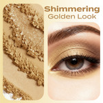 Split banner showing shimmering gold mineral eyeshadow powder texture alongside a close-up eye makeup look with a golden finish.