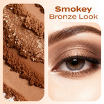 Bronze-brown mineral eyeshadow texture displayed beside a model wearing a smokey bronze eye look with soft shimmer.