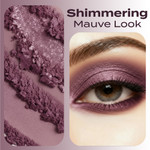 Mauve mineral eyeshadow texture displayed beside a model wearing a shimmering mauve eye look.