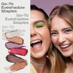 Lifestyle banner featuring two models wearing colorful mineral eyeshadow looks alongside loose powder eyeshadow swatches.