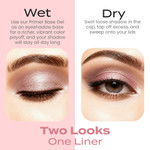 Comparison of Kisses mineral eyeshadow applied wet and dry, showing enhanced shimmer and intensity with primer versus a softer, natural glow when worn dry.