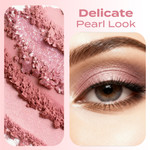 Close-up of Kisses mineral eyeshadow texture paired with a model wearing a soft pearl pink eye look, highlighting a delicate shimmer finish.