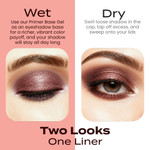 Comparison of Mysterious mineral eyeshadow applied wet and dry, showing intensified shimmer and color payoff with primer and a softer smoky finish when worn dry.