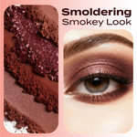 Close-up of Mysterious mineral eyeshadow texture alongside a model wearing a smoldering smoky eye look with bold shimmer and dramatic depth.