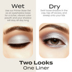 Sweet Face Minerals Optimism eye shadow demonstrated wet and dry, showing enhanced brightness with primer base gel and a softer shimmer when applied dry.